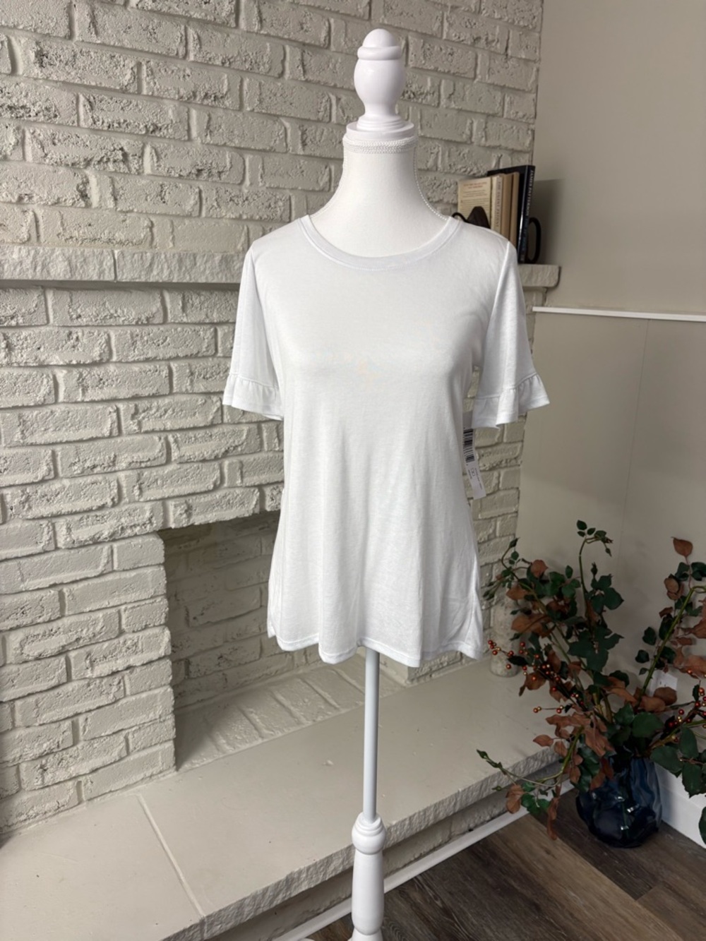 Tribal White Short Sleeve Ruffle-Trim Tee